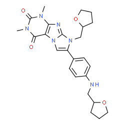 ChemSpider 2D Image | 1,3-Dimethyl-8-(tetrahydro-2-furanylmethyl)-7-{4-[(tetrahydro-2-furanylmethyl)amino]phenyl}-1H-imidazo[2,1-f]purine-2,4(3H,8H)-dione | C25H30N6O4