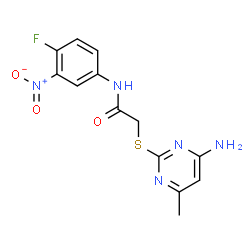 ChemSpider 2D Image | 2-[(4-Amino-6-methyl-2-pyrimidinyl)sulfanyl]-N-(4-fluoro-3-nitrophenyl)acetamide | C13H12FN5O3S