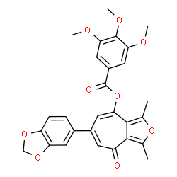 ChemSpider 2D Image | 6-(1,3-Benzodioxol-5-yl)-1,3-dimethyl-4-oxo-4H-cyclohepta[c]furan-8-yl 3,4,5-trimethoxybenzoate | C28H24O9
