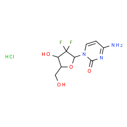 ChemSpider 2D Image | 4-Amino-1-(2-deoxy-2,2-difluoropentofuranosyl)-2(1H)-pyrimidinone hydrochloride (1:1) | C9H12ClF2N3O4