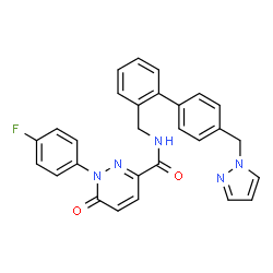 ChemSpider 2D Image | 1-(4-Fluorophenyl)-6-oxo-N-{[4'-(1H-pyrazol-1-ylmethyl)-2-biphenylyl]methyl}-1,6-dihydro-3-pyridazinecarboxamide | C28H22FN5O2