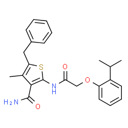 ChemSpider 2D Image | 5-Benzyl-2-{[(2-isopropylphenoxy)acetyl]amino}-4-methyl-3-thiophenecarboxamide | C24H26N2O3S