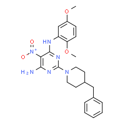 ChemSpider 2D Image | 2-(4-Benzyl-1-piperidinyl)-N-(2,5-dimethoxyphenyl)-5-nitro-4,6-pyrimidinediamine | C24H28N6O4
