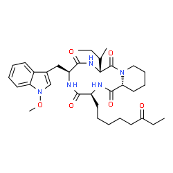 ChemSpider 2D Image | (3S,6S,9R,15aR)-9-[(2S)-2-Butanyl]-6-[(1-methoxy-1H-indol-3-yl)methyl]-3-(6-oxooctyl)octahydro-2H-pyrido[1,2-a][1,4,7,10]tetraazacyclododecine-1,4,7,10(3H,12H)-tetrone | C34H49N5O6