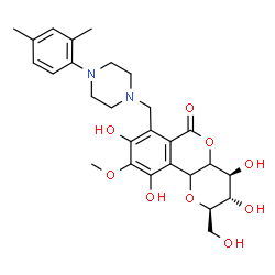 ChemSpider 2D Image | (2R,3S,4S)-7-{[4-(2,4-Dimethylphenyl)-1-piperazinyl]methyl}-3,4,8,10-tetrahydroxy-2-(hydroxymethyl)-9-methoxy-3,4,4a,10b-tetrahydropyrano[3,2-c]isochromen-6(2H)-one | C27H34N2O9