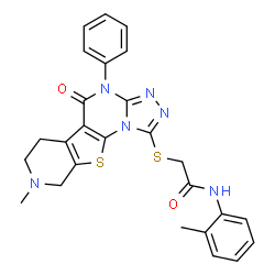 ChemSpider 2D Image | 2-[(8-Methyl-5-oxo-4-phenyl-4,5,6,7,8,9-hexahydropyrido[4',3':4,5]thieno[3,2-e][1,2,4]triazolo[4,3-a]pyrimidin-1-yl)sulfanyl]-N-(2-methylphenyl)acetamide | C26H24N6O2S2