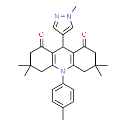 ChemSpider 2D Image | 3,3,6,6-Tetramethyl-10-(4-methylphenyl)-9-(1-methyl-1H-pyrazol-4-yl)-3,4,6,7,9,10-hexahydro-1,8(2H,5H)-acridinedione | C28H33N3O2