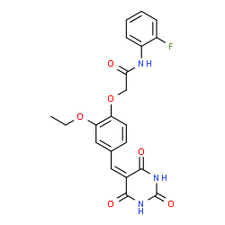 ChemSpider 2D Image | 2-{2-Ethoxy-4-[(2,4,6-trioxotetrahydro-5(2H)-pyrimidinylidene)methyl]phenoxy}-N-(2-fluorophenyl)acetamide | C21H18FN3O6