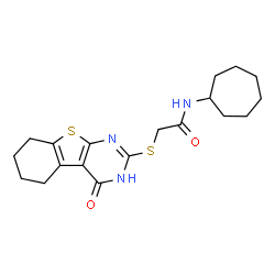 ChemSpider 2D Image | N-Cycloheptyl-2-[(4-oxo-3,4,5,6,7,8-hexahydro[1]benzothieno[2,3-d]pyrimidin-2-yl)sulfanyl]acetamide | C19H25N3O2S2