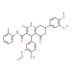 ChemSpider 2D Image | 7-(3,4-Dimethoxyphenyl)-4-(3-ethoxy-4-hydroxyphenyl)-2-methyl-N-(2-methylphenyl)-5-oxo-1,4,5,6,7,8-hexahydro-3-quinolinecarboxamide | C34H36N2O6