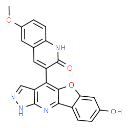ChemSpider 2D Image | 3-(7-Hydroxy-1H-[1]benzofuro[3,2-b]pyrazolo[4,3-e]pyridin-4-yl)-6-methoxy-2(1H)-quinolinone | C22H14N4O4
