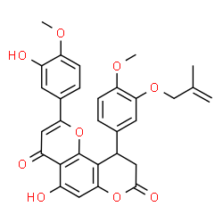 ChemSpider 2D Image | 5-Hydroxy-2-(3-hydroxy-4-methoxyphenyl)-10-{4-methoxy-3-[(2-methyl-2-propen-1-yl)oxy]phenyl}-9,10-dihydro-4H,8H-pyrano[2,3-f]chromene-4,8-dione | C30H26O9