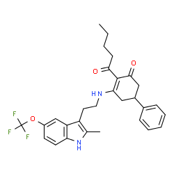 ChemSpider 2D Image | 3-({2-[2-Methyl-5-(trifluoromethoxy)-1H-indol-3-yl]ethyl}amino)-2-pentanoyl-5-phenyl-2-cyclohexen-1-one | C29H31F3N2O3