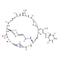 ChemSpider 2D Image | N-(3-Amino-3-oxo-1-propen-2-yl)-2-[(1S,18S,21E,28S,30S)-21-ethylidene-9,30-dihydroxy-18-[(1S)-1-hydroxyethyl]-40-methyl-16,19,26,31,42,46-hexaoxo-32-oxa-3,13,23,43,49-pentathia-7,17,20,27,45,51,52,53,
54,55-decaazanonacyclo[26.16.6.1~2,5~.1~12,15~.1~22,25~.1~38,41~.1~47,50~.0~6,11~.0~34,39~]pentapentaconta-2(55),4,6,8,10,12(54),14,22(53),24,34,36,38,40,47,50-pentadecaen-8-yl]-1,3-thiazole-4-carboxa
mide | C51H43N13O12S6