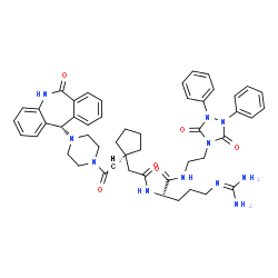 ChemSpider 2D Image | N-[2-(3,5-Dioxo-1,2-diphenyl-1,2,4-triazolidin-4-yl)ethyl]-N~2~-{[1-(2-oxo-2-{4-[(11S)-6-oxo-6,11-dihydro-5H-dibenzo[b,e]azepin-11-yl]-1-piperazinyl}ethyl)cyclopentyl]acetyl}-L-argininamide | C49H57N11O6