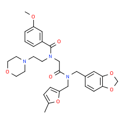 ChemSpider 2D Image | N-(2-{(1,3-Benzodioxol-5-ylmethyl)[(5-methyl-2-furyl)methyl]amino}-2-oxoethyl)-3-methoxy-N-[2-(4-morpholinyl)ethyl]benzamide | C30H35N3O7