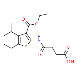 ChemSpider 2D Image | 3-{[3-(ethoxycarbonyl)-4-methyl-4,5,6,7-tetrahydro-1-benzothiophen-2-yl]carbamoyl}propanoic acid | C16H21NO5S