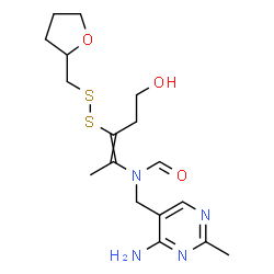 ChemSpider 2D Image | N-[(4-Amino-2-methyl-5-pyrimidinyl)methyl]-N-{5-hydroxy-3-[(tetrahydro-2-furanylmethyl)disulfanyl]-2-penten-2-yl}formamide | C17H26N4O3S2
