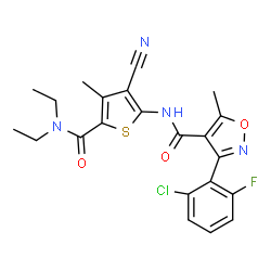 ChemSpider 2D Image | 3-(2-Chloro-6-fluorophenyl)-N-[3-cyano-5-(diethylcarbamoyl)-4-methyl-2-thienyl]-5-methyl-1,2-oxazole-4-carboxamide | C22H20ClFN4O3S