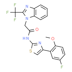 ChemSpider 2D Image | N-[4-(5-Fluoro-2-methoxyphenyl)-1,3-thiazol-2-yl]-2-[2-(trifluoromethyl)-1H-benzimidazol-1-yl]acetamide | C20H14F4N4O2S