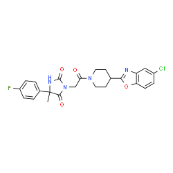 ChemSpider 2D Image | 3-{2-[4-(5-Chloro-1,3-benzoxazol-2-yl)-1-piperidinyl]-2-oxoethyl}-5-(4-fluorophenyl)-5-methyl-2,4-imidazolidinedione | C24H22ClFN4O4