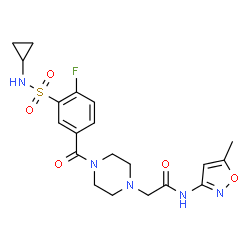 ChemSpider 2D Image | 2-{4-[3-(Cyclopropylsulfamoyl)-4-fluorobenzoyl]-1-piperazinyl}-N-(5-methyl-1,2-oxazol-3-yl)acetamide | C20H24FN5O5S