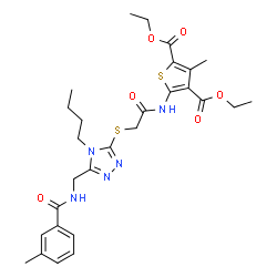 ChemSpider 2D Image | Diethyl 5-({[(4-butyl-5-{[(3-methylbenzoyl)amino]methyl}-4H-1,2,4-triazol-3-yl)sulfanyl]acetyl}amino)-3-methyl-2,4-thiophenedicarboxylate | C28H35N5O6S2