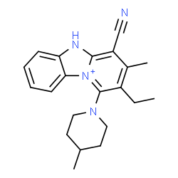 ChemSpider 2D Image | 4-Cyano-2-ethyl-3-methyl-1-(4-methyl-1-piperidinyl)-5H-pyrido[1,2-a][3,1]benzimidazol-10-ium | C21H25N4