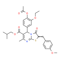 ChemSpider 2D Image | Isobutyl 5-(4-acetoxy-3-ethoxyphenyl)-2-(4-methoxybenzylidene)-7-methyl-3-oxo-2,3-dihydro-5H-[1,3]thiazolo[3,2-a]pyrimidine-6-carboxylate | C30H32N2O7S