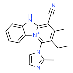 ChemSpider 2D Image | 4-Cyano-2-ethyl-3-methyl-1-(2-methyl-1H-imidazol-1-yl)-5H-pyrido[1,2-a][3,1]benzimidazol-10-ium | C19H18N5