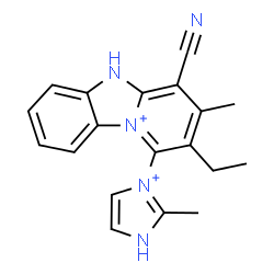 ChemSpider 2D Image | 4-Cyano-2-ethyl-3-methyl-1-(2-methyl-1H-imidazol-3-ium-3-yl)-5H-pyrido[1,2-a][3,1]benzimidazol-10-ium | C19H19N5