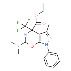 ChemSpider 2D Image | Ethyl 6-(dimethylamino)-3-methyl-1-phenyl-4-(trifluoromethyl)-1,4-dihydropyrazolo[4,3-e][1,3]oxazine-4-carboxylate | C18H19F3N4O3