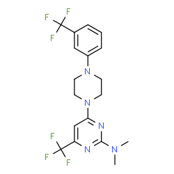 ChemSpider 2D Image | N,N-Dimethyl-4-(trifluoromethyl)-6-{4-[3-(trifluoromethyl)phenyl]-1-piperazinyl}-2-pyrimidinamine | C18H19F6N5