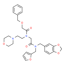 ChemSpider 2D Image | N-(1,3-Benzodioxol-5-ylmethyl)-N~2~-[(benzyloxy)acetyl]-N-(2-furylmethyl)-N~2~-[2-(4-morpholinyl)ethyl]glycinamide | C30H35N3O7