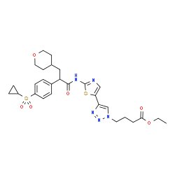 ChemSpider 2D Image | Ethyl 4-{4-[2-({2-[4-(cyclopropylsulfonyl)phenyl]-3-(tetrahydro-2H-pyran-4-yl)propanoyl}amino)-1,3-thiazol-5-yl]-1H-1,2,3-triazol-1-yl}butanoate | C28H35N5O6S2