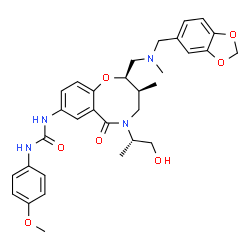 ChemSpider 2D Image | 1-[(2R,3S)-2-[[1,3-benzodioxol-5-ylmethyl(methyl)amino]methyl]-5-[(2S)-1-hydroxypropan-2-yl]-3-methyl-6-oxo-3,4-dihydro-2H-1,5-benzoxazocin-8-yl]-3-(4-methoxyphenyl)urea | C32H38N4O7
