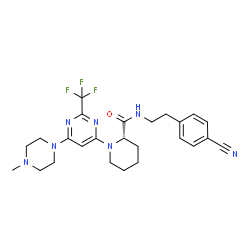 ChemSpider 2D Image | (2S)-N-[2-(4-Cyanophenyl)ethyl]-1-[6-(4-methyl-1-piperazinyl)-2-(trifluoromethyl)-4-pyrimidinyl]-2-piperidinecarboxamide | C25H30F3N7O