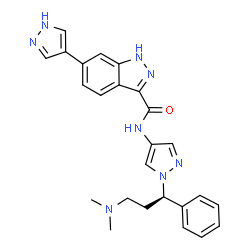 ChemSpider 2D Image | N-{1-[(1R)-3-(Dimethylamino)-1-phenylpropyl]-1H-pyrazol-4-yl}-6-(1H-pyrazol-4-yl)-1H-indazole-3-carboxamide | C25H26N8O