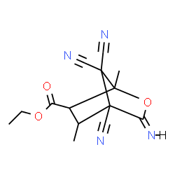 ChemSpider 2D Image | Ethyl (3Z)-4,7,7-tricyano-3-imino-1,5-dimethyl-2-oxabicyclo[2.2.1]heptane-6-carboxylate | C14H14N4O3