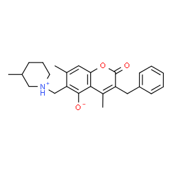 ChemSpider 2D Image | 3-Benzyl-4,7-dimethyl-6-[(3-methyl-1-piperidiniumyl)methyl]-2-oxo-2H-chromen-5-olate | C25H29NO3