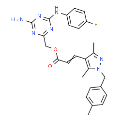 ChemSpider 2D Image | {4-Amino-6-[(4-fluorophenyl)amino]-1,3,5-triazin-2-yl}methyl 3-[3,5-dimethyl-1-(4-methylbenzyl)-1H-pyrazol-4-yl]acrylate | C26H26FN7O2