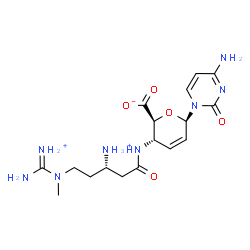 ChemSpider 2D Image | 4-Amino-1-(4-{[(3S)-5-{[amino(iminio)methyl](methyl)amino}-3-ammoniopentanoyl]amino}-2,3,4-trideoxy-beta-D-erythro-hex-2-enopyranosyluronosyl)-2(1H)-pyrimidinone | C17H27N8O5