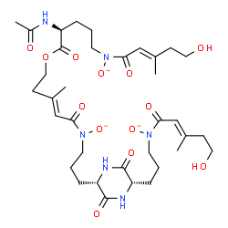 ChemSpider 2D Image | (3E)-5-[{3-[(2S,5S)-5-(3-{[(2E)-5-Hydroxy-3-methyl-2-pentenoyl](oxido)amino}propyl)-3,6-dioxo-2-piperazinyl]propyl}(oxido)amino]-3-methyl-5-oxo-3-penten-1-yl N~2~-acetyl-N~5~-[(2E)-5-hydroxy-3-methyl-
2-pentenoyl]-N~5~-oxido-L-ornithinate | C35H53N6O13