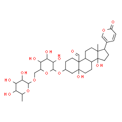 ChemSpider 2D Image | 3-{[6-O-(6-Deoxyhexopyranosyl)hexopyranosyl]oxy}-5,14-dihydroxy-19-oxobufa-20,22-dienolide | C36H52O15