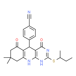 ChemSpider 2D Image | 4-[2-(sec-Butylsulfanyl)-8,8-dimethyl-4,6-dioxo-1,4,5,6,7,8,9,10-octahydropyrimido[4,5-b]quinolin-5-yl]benzonitrile | C24H26N4O2S