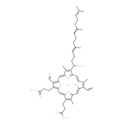 ChemSpider 2D Image | Iron(2+) 2,18-bis(2-carboxyethyl)-3-formyl-8-(1-hydroxy-5,9,13-trimethyl-4,8,12-tetradecatrien-1-yl)-7,12,17-trimethyl-13-vinylporphine-21,23-diide | C49H56FeN4O6