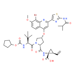 ChemSpider 2D Image | N-[(Cyclopentyloxy)carbonyl]-3-methyl-L-valyl-(4R)-4-({8-bromo-2-[2-(isobutyrylamino)-1,3-thiazol-4-yl]-7-methoxy-4-quinolinyl}oxy)-N-[(1R,2S)-1-carboxy-2-vinylcyclopropyl]-D-prolinamide | C40H49BrN6O9S
