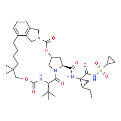 ChemSpider 2D Image | (1'R,21'S,24'S)-N-{(1R,2R)-1-[(Cyclopropylsulfonyl)carbamoyl]-2-ethylcyclopropyl}-21'-(2-methyl-2-propanyl)-3',19',22'-trioxo-2',18'-dioxa-4',20',23'-triazaspiro[cyclopropane-1,16'-tetracyclo[21.2.1.1
~4,7~.0~6,11~]heptacosane]-6',8',10'-triene-24'-carboxamide | C38H53N5O9S