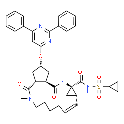 ChemSpider 2D Image | (2R,3aR,10Z,11aS,12aR,14aR)-N-(Cyclopropylsulfonyl)-2-[(2,6-diphenyl-4-pyrimidinyl)oxy]-5-methyl-4,14-dioxo-2,3,3a,4,5,6,7,8,9,11a,12,13,14,14a-tetradecahydrocyclopenta[c]cyclopropa[g][1,6]diazacyclot
etradecine-12a(1H)-carboxamide | C37H41N5O6S