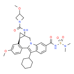 ChemSpider 2D Image | (1aS,12bR)-8-Cyclohexyl-N-(dimethylsulfamoyl)-11-methoxy-1a-{[(3-methoxy-1-azetidinyl)carbonyl]amino}-1,1a,2,12b-tetrahydrocyclopropa[d]indolo[2,1-a][2]benzazepine-5-carboxamide | C33H41N5O6S